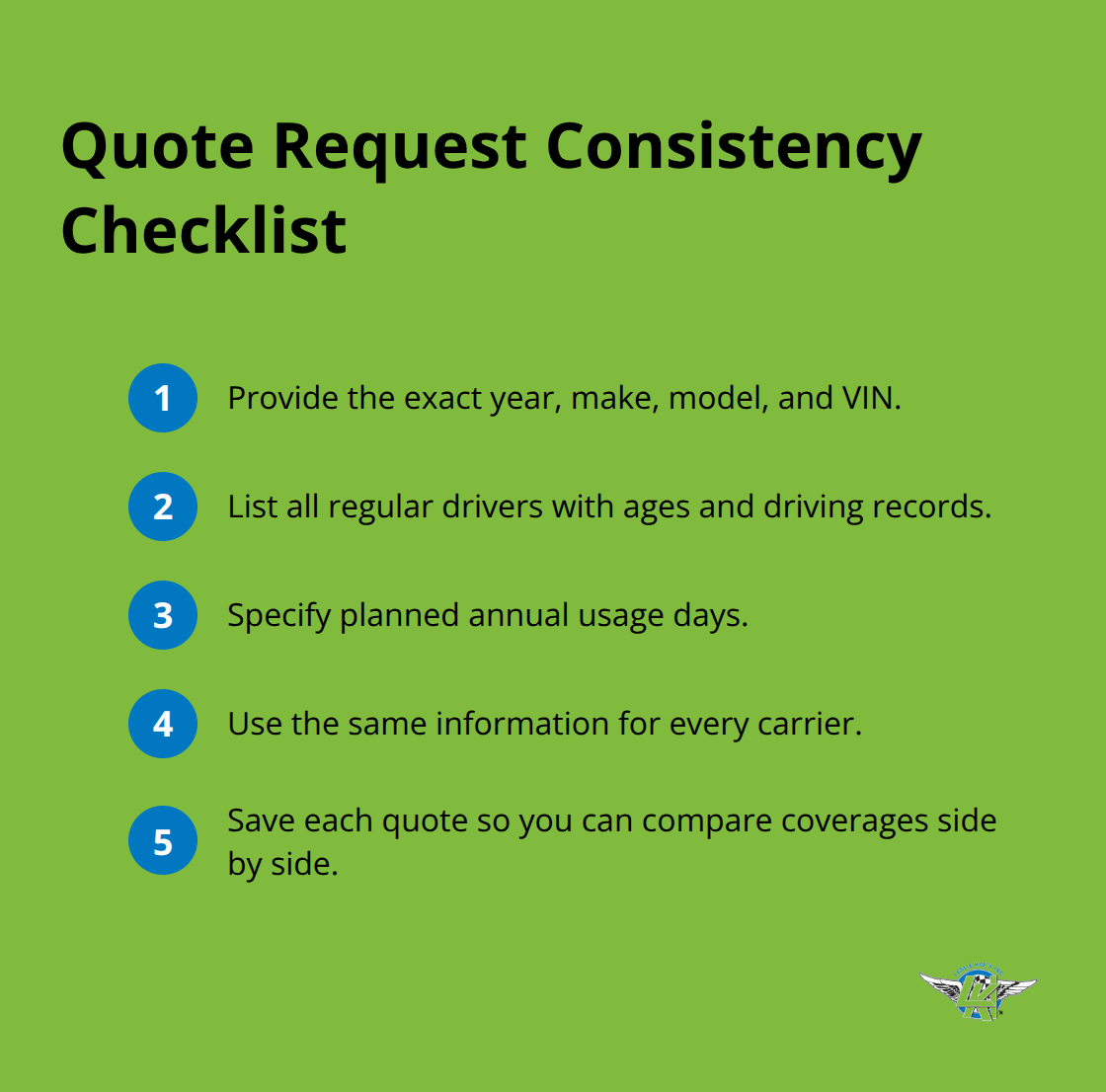Compact checklist to standardize RV insurance quote requests across carriers.