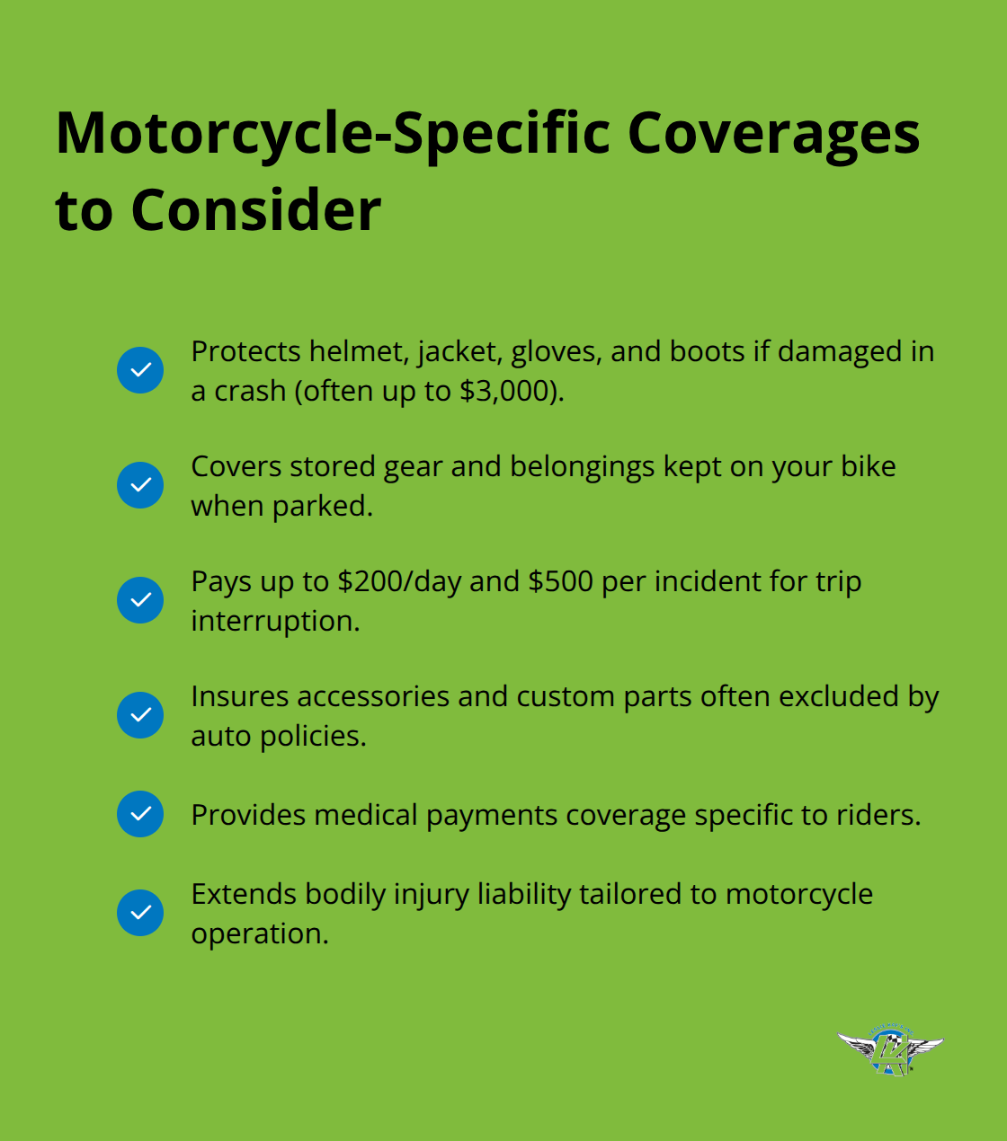 Key motorcycle policy features including safety apparel, stored gear, trip interruption, accessories, and rider-focused protections. - biker motorcycle insurance quotes
