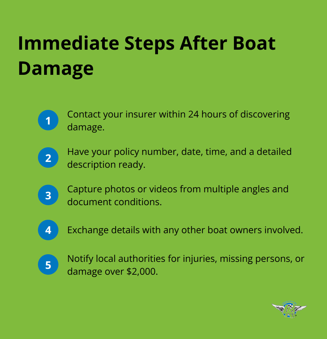 Compact checklist of immediate actions to start a boat insurance claim. - boat insurance claims process
