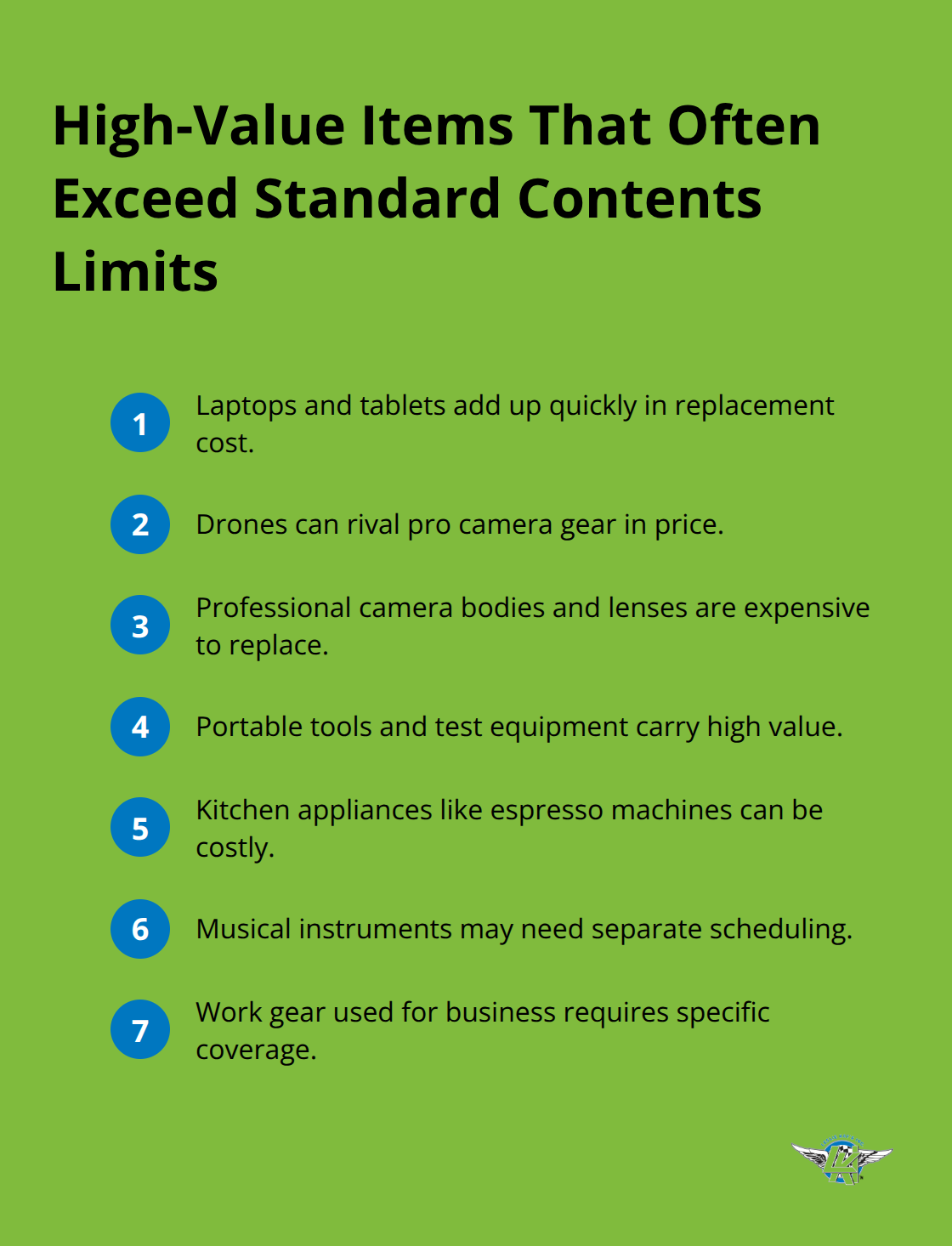 Compact list of personal belongings that commonly surpass standard RV contents coverage limits. - customizable rv insurance policy