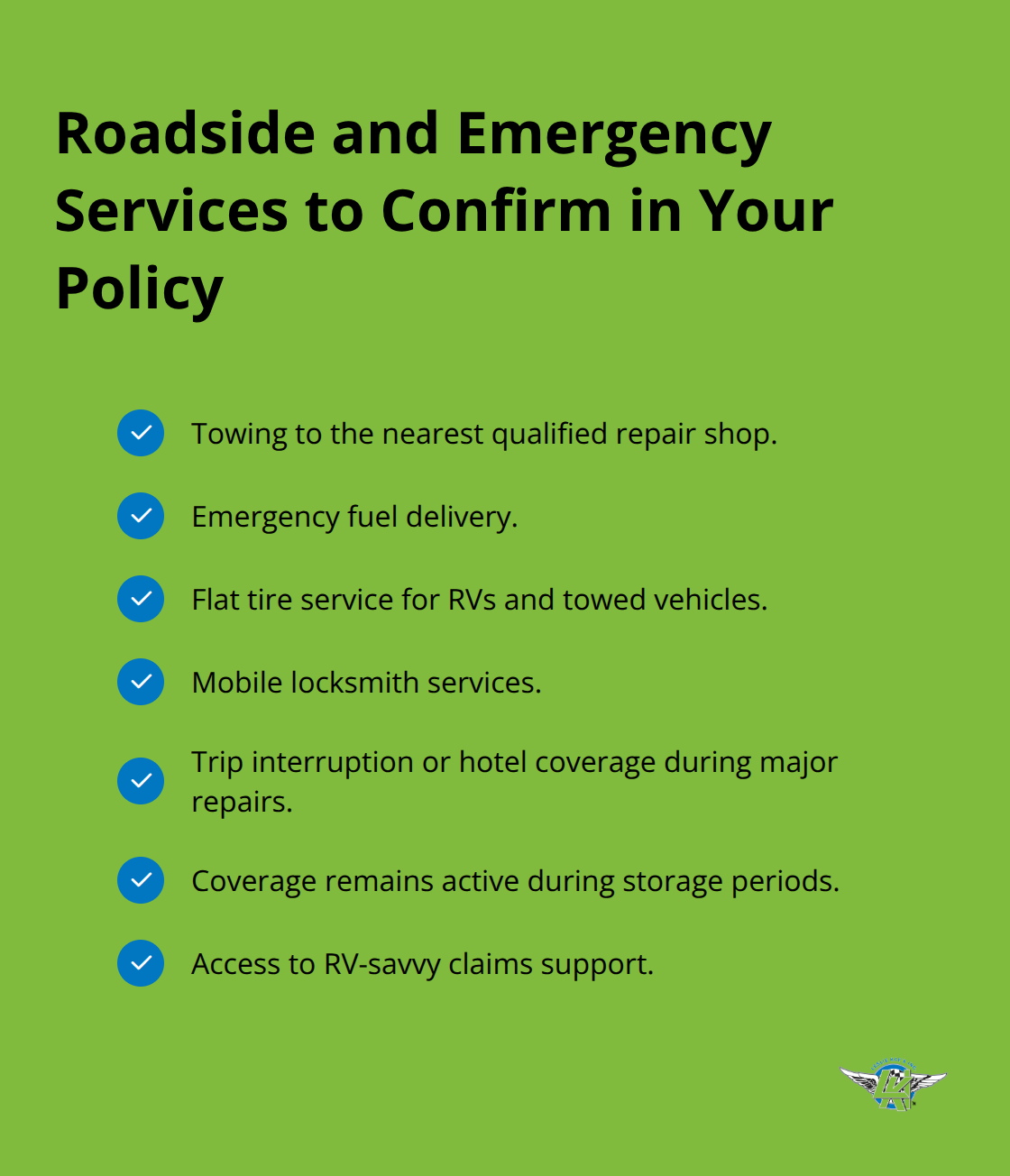 Checklist of RV-specific roadside assistance and trip interruption protections for U.S. travelers.