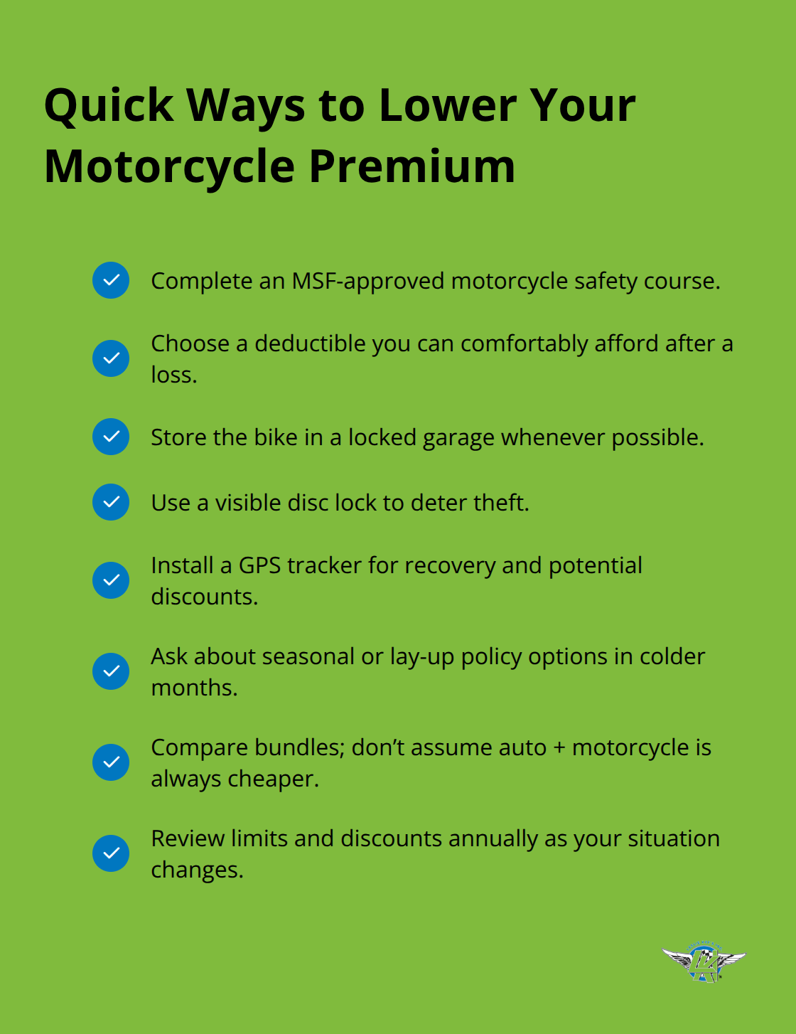 Checkmarked list of actionable tips to reduce motorcycle insurance costs - motorcycle insurance for beginners