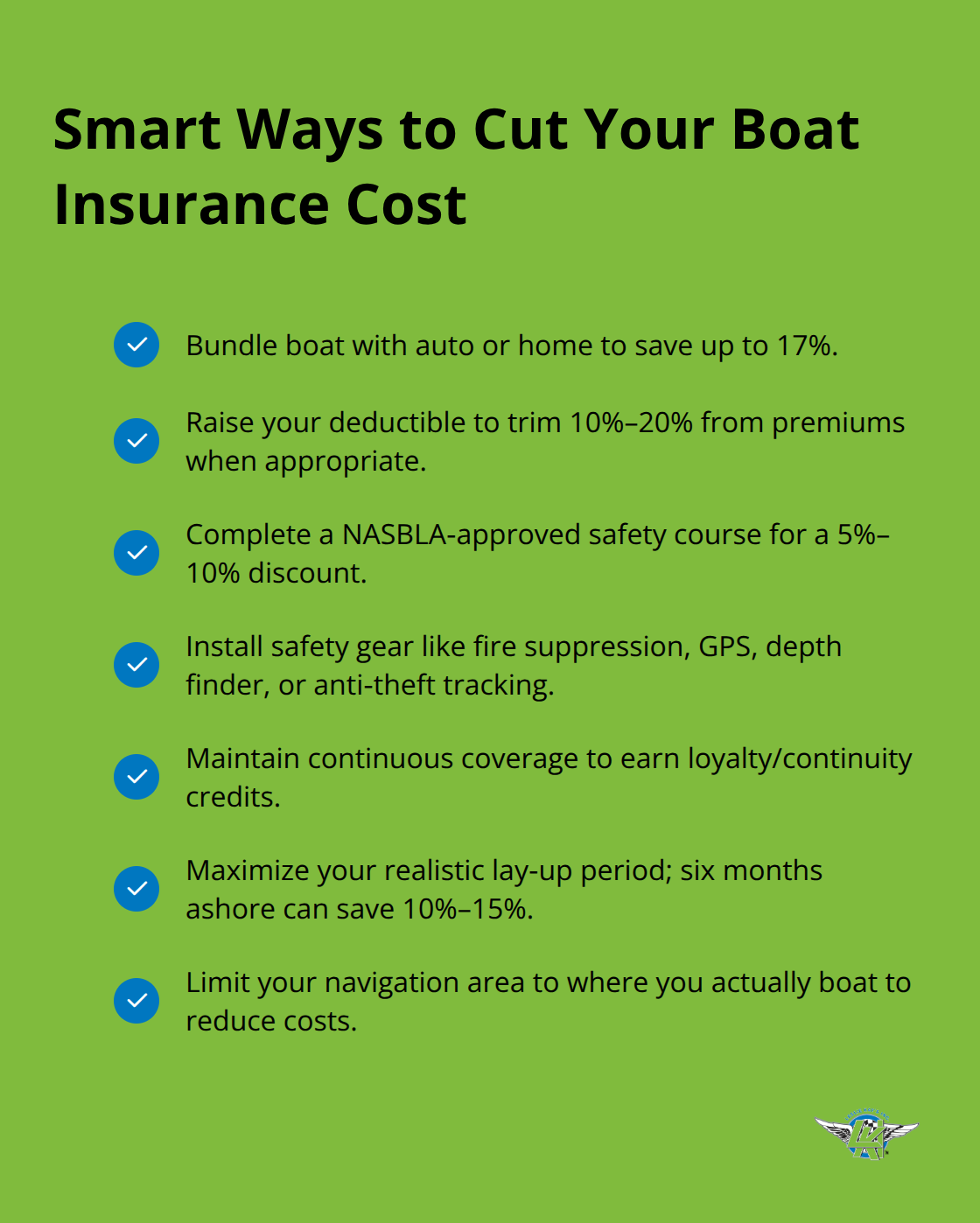 Checklist of practical steps U.S. boat owners can take to lower premiums without losing protection. - pleasure craft insurance rates